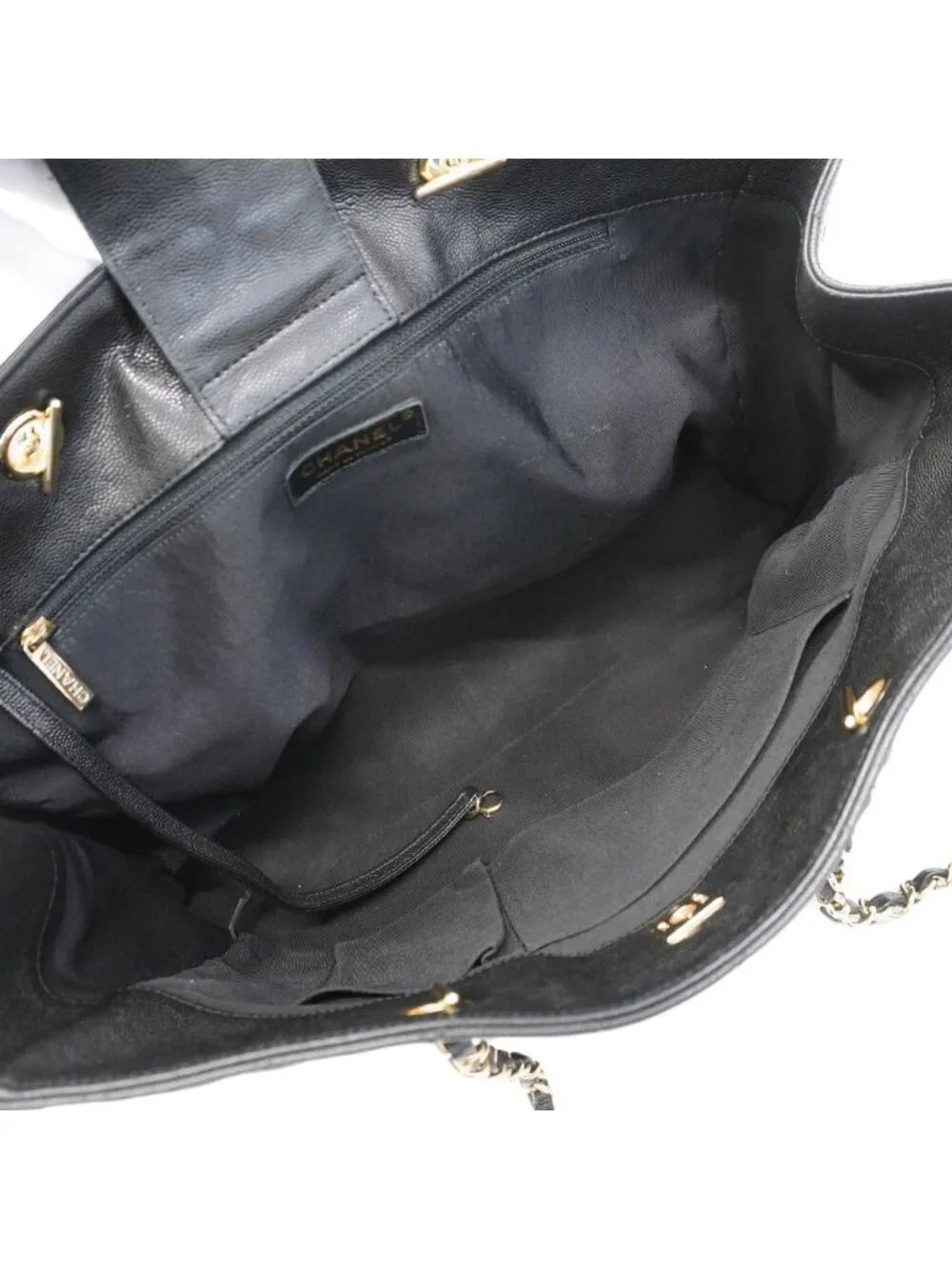 Chanel Chain Tote Quilted Caviar Leather Black Champagne Gold